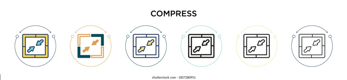 Komprimieren Sie das Symbol in vollem, dünnen Linie, Umriss- und Strichstil. Vektorgrafik von zwei farbigen und schwarzen Layoutbildern für Vektorsymbole, die für mobile, i, web-basierte Anwendungen verwendet werden können