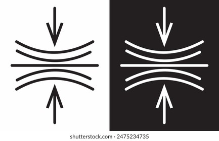 Compress icon set. pressure suspension bounce vector symbol. push shrink sign. flexible elastic symbol. reduce shock icon in black filled and outlined.  isolated on white and black background. EPS 10.