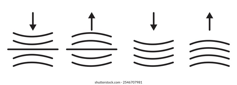 Compress icon set. Pressure vector symbol. Compact and push sign. Flexibility symbol. Shock reducer icon.
