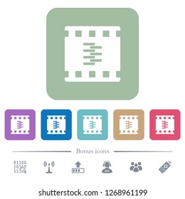 Compress movie white flat icons on color rounded square backgrounds. 6 bonus icons included