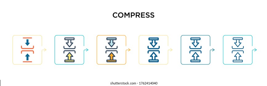 Compress vector icon in 6 different modern styles. Black, two colored compress icons designed in filled, outline, line and stroke style. Vector illustration can be used for web, mobile, ui