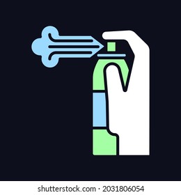 Compressed air cleaner RGB color manual label icon for dark theme. Isolated vector illustration on night mode background. Simple filled line drawing on black for product use instructions