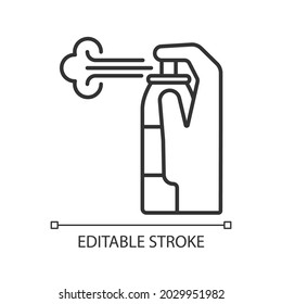 Compressed air for cleaning linear manual label icon. Blow out dirt. Thin line customizable illustration. Contour symbol. Vector isolated outline drawing for product use instructions. Editable stroke