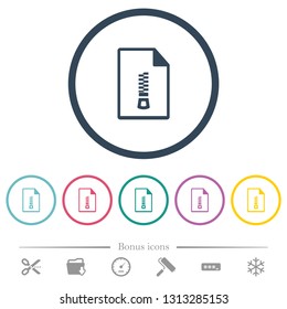 Compressed document flat color icons in round outlines. 6 bonus icons included.