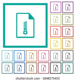 Compressed document flat color icons with quadrant frames on white background