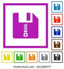 Compressed file flat color icons in square frames on white background