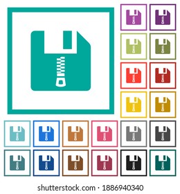 Compressed file flat color icons with quadrant frames on white background