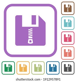 Compressed file simple icons in color rounded square frames on white background