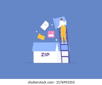 compressed files. data compression. people make multiple files into one file. create zip files. document management. illustration concept design