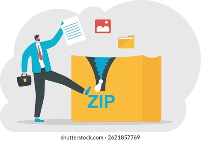 compressed files. data compression. people make multiple files into one file. create zip files. document management. illustration concept design

