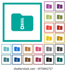 Compressed folder flat color icons with quadrant frames on white background