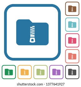 Compressed folder simple icons in color rounded square frames on white background