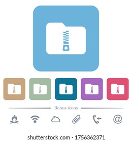 Iconos planos blancos de carpetas comprimidos en fondo cuadrado redondeado de color. 6 iconos de bonificación incluidos