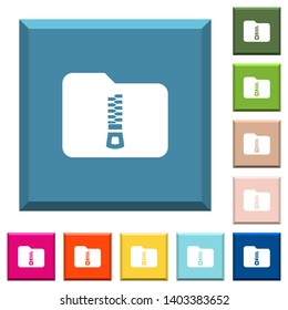 Compressed folder white icons on edged square buttons in various trendy colors