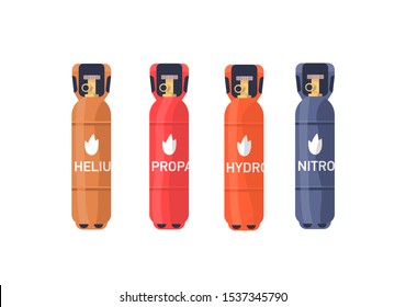 Compressed gas storages flat vector illustrations set. Helium, propane, hydrogen industrial cylinders colorful collection. Flammable gas tanks, balloons with valve isolated on white background.
