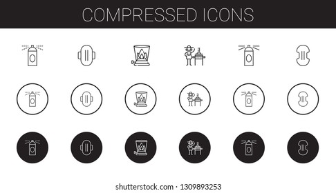compressed icons set. Collection of compressed with hairspray, compress, burner. Editable and scalable compressed icons.