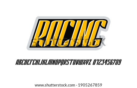 Compressed italic sans serif font. Letters and numbers for label design. Color print on white background