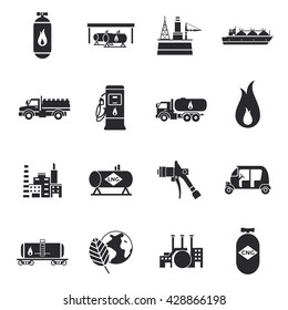 Compressed and liquid natural gas icons with truck factory station cylinder tank flammable sign   isolated vector illustration
