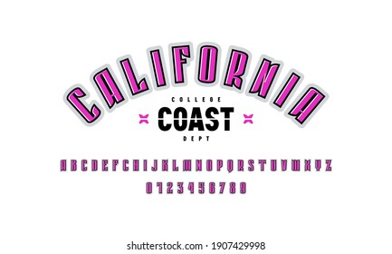 Compressed sans serif font. Letters and numbers in decorative style. Color print on white background