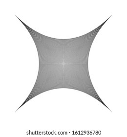 Compressed, squeeze, squish distortion on grid, mesh. concave 4-point star-like shape made of array, lattice of curved, arc lines. depressed, indented abstract geometric element