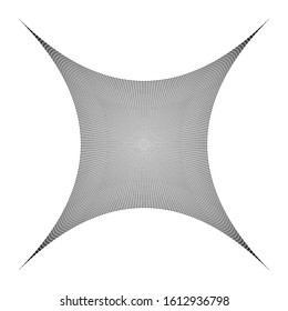 Compressed, squeeze, squish distortion on grid, mesh. concave 4-point star-like shape made of array, lattice of curved, arc lines. depressed, indented abstract geometric element