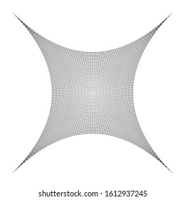 Compressed, squeeze, squish distortion on grid, mesh. concave 4-point star-like shape made of array, lattice of curved, arc lines. depressed, indented abstract geometric element