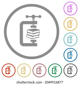 compressing books with vise clamp flat color icons in round outlines on white background