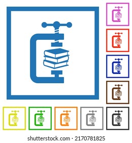 compressing books with vise clamp flat color icons in square frames on white background