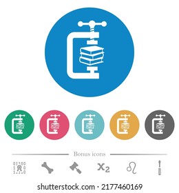 compressing books with vise clamp flat white icons on round color backgrounds. 6 bonus icons included.