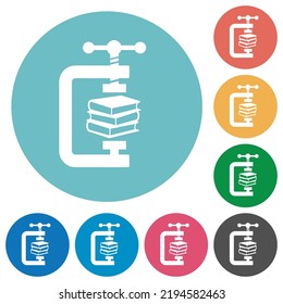 compressing books with vise clamp flat white icons on round color backgrounds