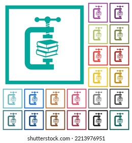 compressing books with vise clamp flat color icons with quadrant frames on white background