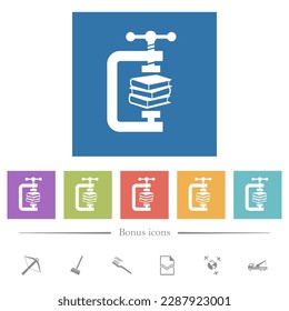 compressing books with vise clamp flat white icons in square backgrounds. 6 bonus icons included.