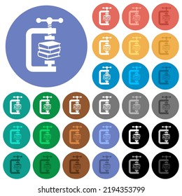 compressing books with vise clamp multi colored flat icons on round backgrounds. Included white, light and dark icon variations for hover and active status effects, and bonus shades.