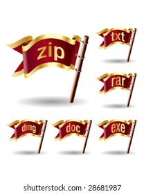 Compression or archive file extension icons on royal vector flag design elements for web or print