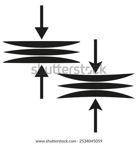 Compression arrow icon. Mechanical pressure symbol. Opposite force vector. Black shape diagram.