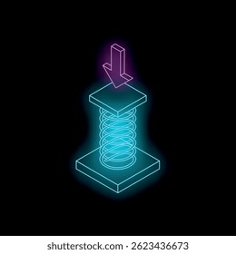 Compression spring with a downward arrow on top, suggesting compression, rendered in neon vibrant colors