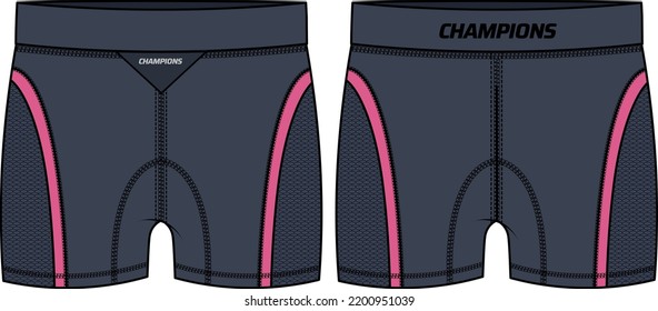 Compresión ajustada Diseño de la camiseta corta diseño de esbozo plano Ilustración, concepto de pantalones cortos atléticos con vista frontal y trasera para gimnasio, entrenamiento, seguimiento de desgaste activo Diseño de pantalones cortos de bicicleta.