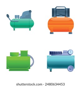 Compressor equipment icons set cartoon vector. High pressure air compressor. Industrial equipment