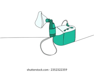 Compressor inhaler, nebulizer, medical supplies, equipment one line color art. Continuous line drawing of medication, clinical, disposable, tool, inhalation, lung treatment