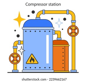 Compressor station. Natural gas transportation stage. Natural resource extraction industry. Fossil fuel and eco-friendly energy concept. Flat vector illustration