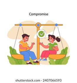 Compromise concept. Two cheerful kid finding mutual agreement on a balanced seesaw, embodying successful negotiation and conflict resolution. Flat vector illustration