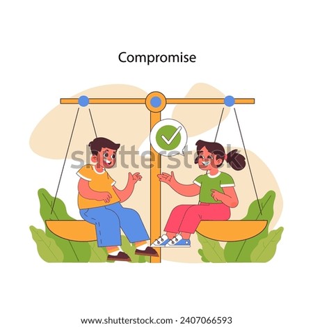 Compromise concept. Two cheerful kid finding mutual agreement on a balanced seesaw, embodying successful negotiation and conflict resolution. Flat vector illustration