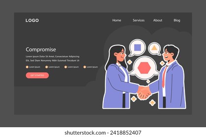 Compromise dark or night mode web, landing. Two professional businesspeople shake hands. Shared understanding. Trade-off between characters. Mutual benefits. Flat vector illustration.