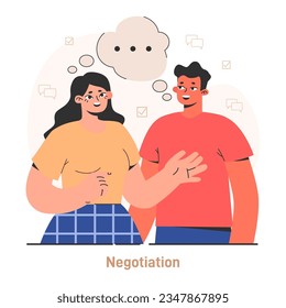 Compromise. Finding common ground and search for mutual agreement. Negotiations process between characters. Establishing a cooperative relationship. Flat vector illustration