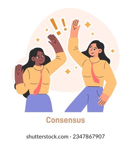 Compromise. Finding common ground and search for mutual agreement. Communication, empathy and trust between characters. Establishing a consensus. Flat vector illustration