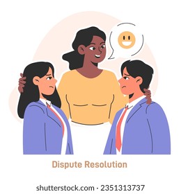 Compromise. Finding common ground and search for mutual agreement. Conflict resolution. Worker resolve a dispute, find compromise on opposite opinions. Flat vector illustration
