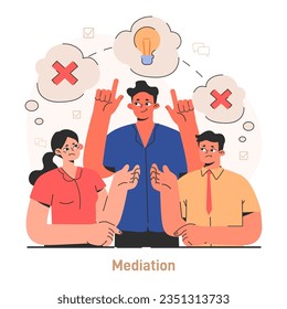 Compromise. Mediator help finding common ground and mutual agreement. Communication, empathy and trust between characters. Establishing a cooperative relationship. Flat vector illustration