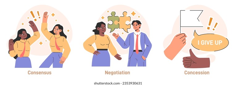 Compromiso. Encontrar un terreno común y buscar un acuerdo mutuo. Comunicación, empatía y confianza entre personajes. Establecer una relación de cooperación. Ilustración vectorial plana