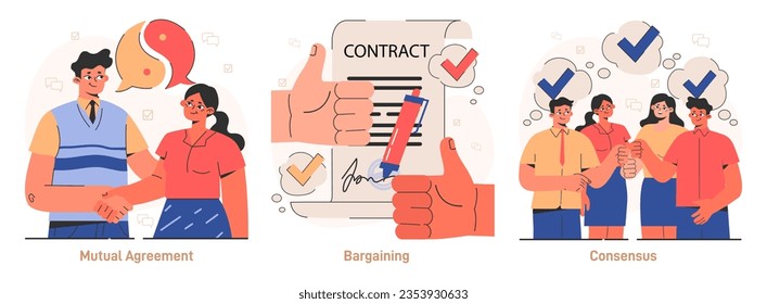 Compromise set. Finding common ground and search for mutual agreement. Communication, empathy and trust between characters. Establishing a cooperative relationship. Flat vector illustration