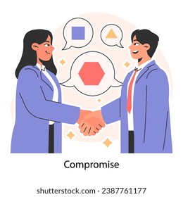 Compromiso. Dos empresarios profesionales se dan la mano. Comprensión compartida. Compensación entre caracteres. Beneficios mutuos. Encuentro en el medio. Ilustración vectorial plana.